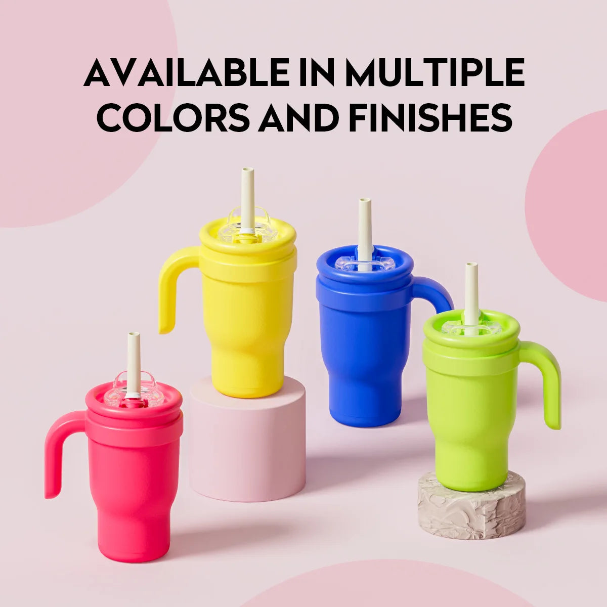 A collection of bright colored stainless steel travel mugs, including yellow, blue, pink, and lime green, displayed on a ligh