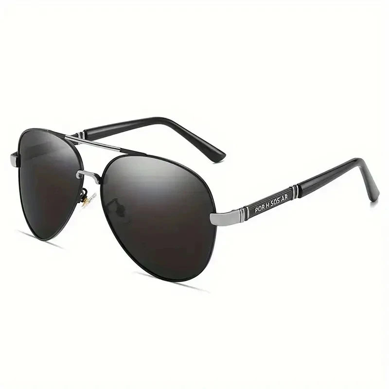 A pair of black polarized sunglasses with a dark frame and temple arm shown against a white background.