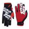 A pair of red and black sports gloves for outdoor activities shown against a white background.