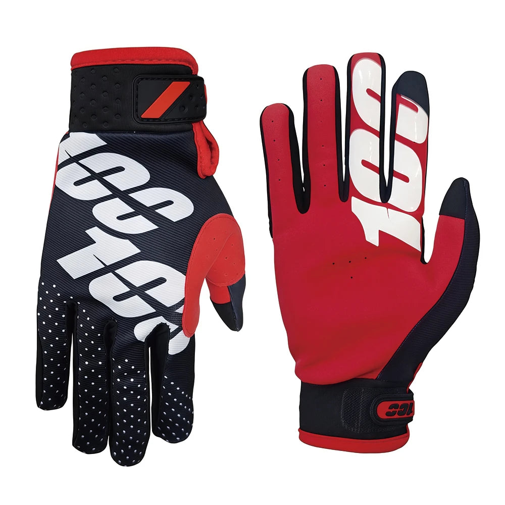 A pair of red and black cycling gloves for off-road riding, shown in a close-up view.