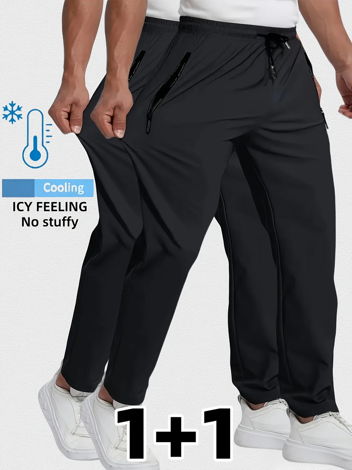 A person wearing black breathable men's casual jogger pants with a drawstring and white sneakers.
