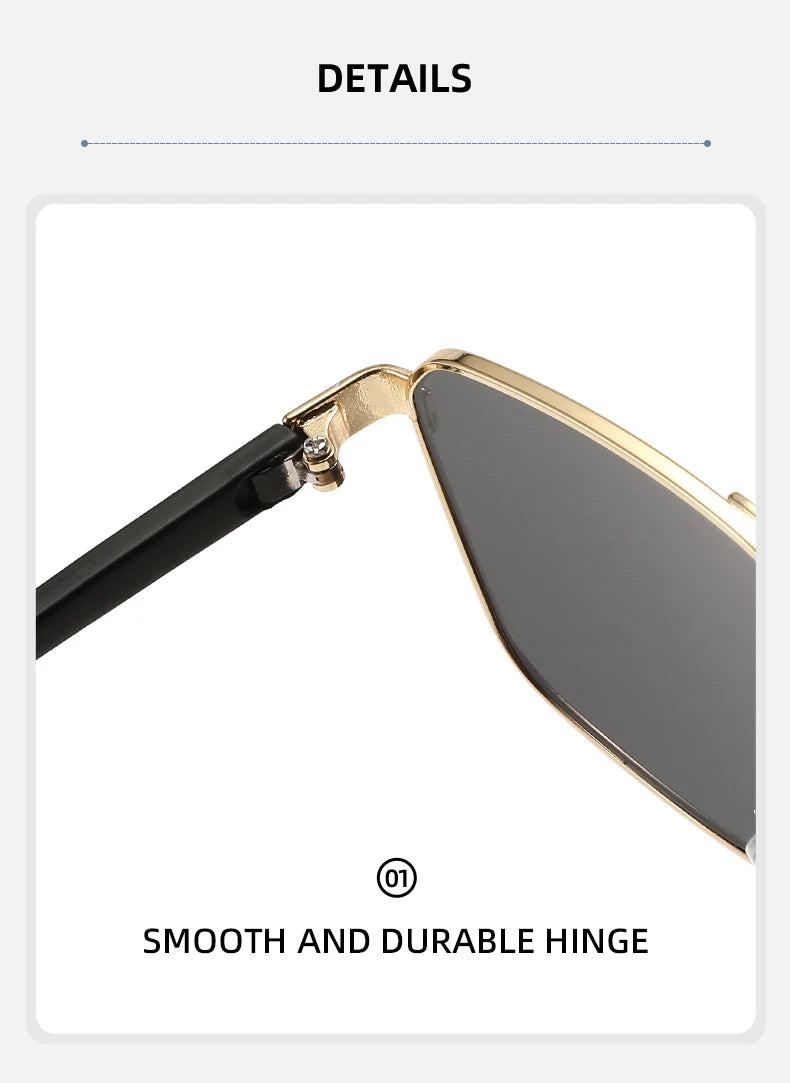 Close-up of gold-rimmed sunglasses with a black frame and dark lenses showing a smooth and durable hinge.