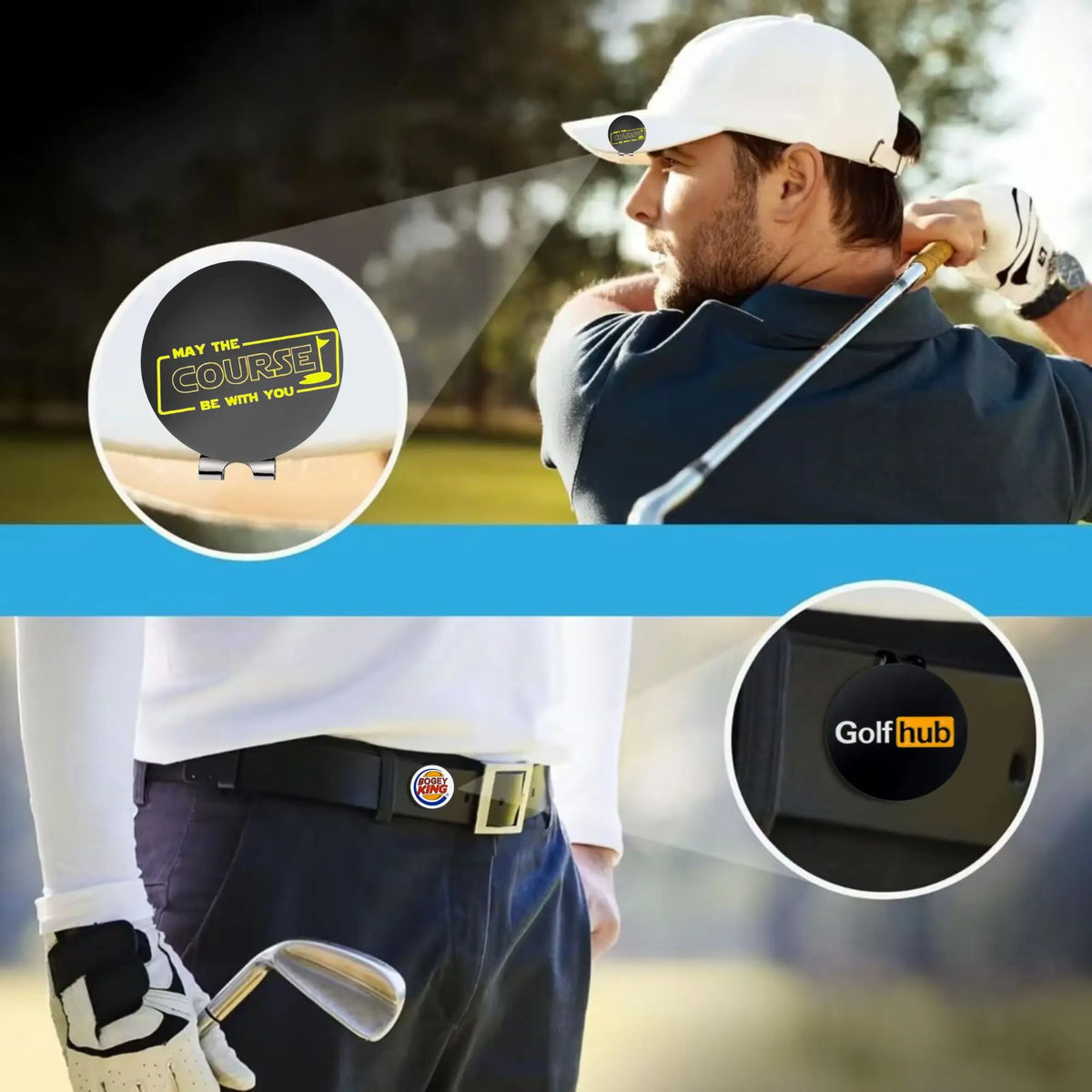 A man wearing a white golf hat is shown alongside close-ups of magnetic clips and a golf ball.