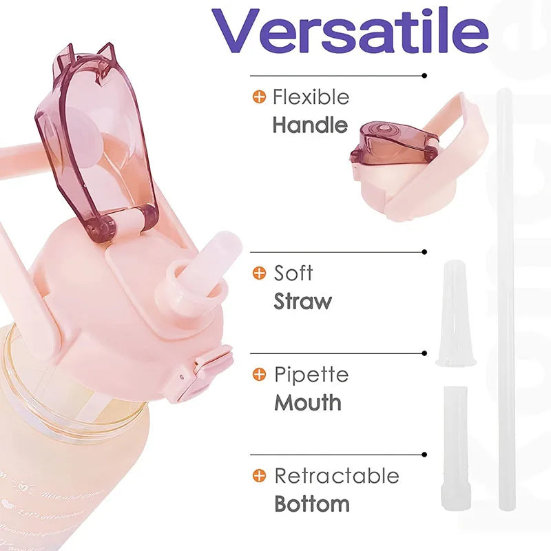 Botella de agua rosa reutilizable con tapa de sorbete flexible y componente de pipeta