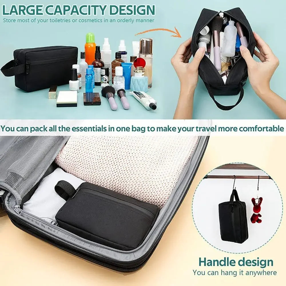 A black waterproof cosmetic and travel pouch is shown being packed into a larger bag, highlighting its handle design.
