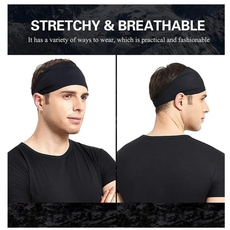 A man wearing a black stretchy and breathable sports headband on his forehead.