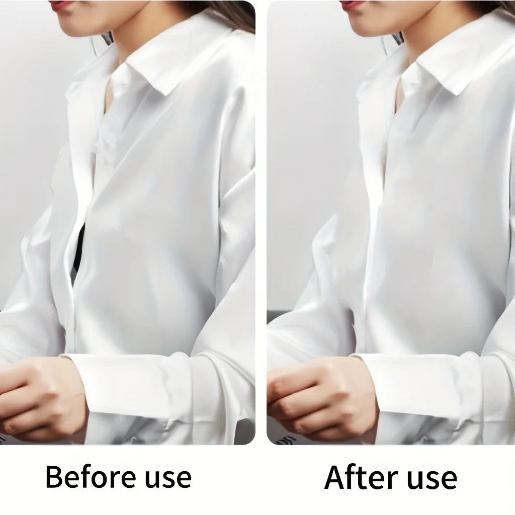 Before and after comparison of invisible double-sided fashion adhesive tape on a white shirt