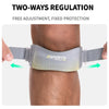 Gray sports knee strap for tendon support shown on a person's leg.