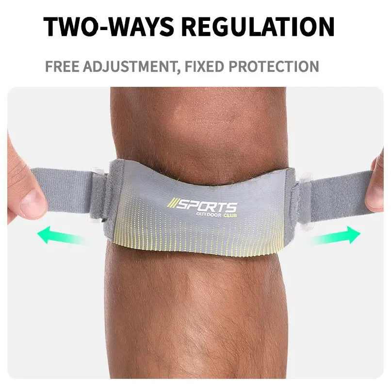 Gray sports knee strap for tendon support shown on a person's leg.