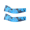 A pair of unisex cooling arm sleeves featuring a camouflage pattern in blue and black.