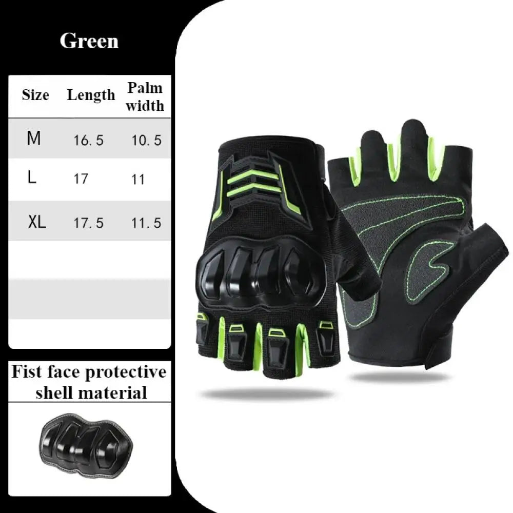 Black cycling gloves in green accents shown with size chart and protective shell material detail