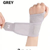 A grey adjustable wrist support brace is shown on a hand, with two pieces included.