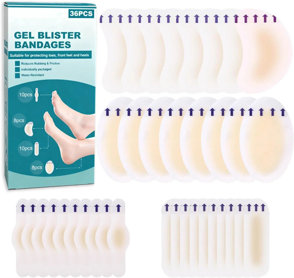 Box of 36 pieces of gel blister bandages for protecting toes, feet, and heels