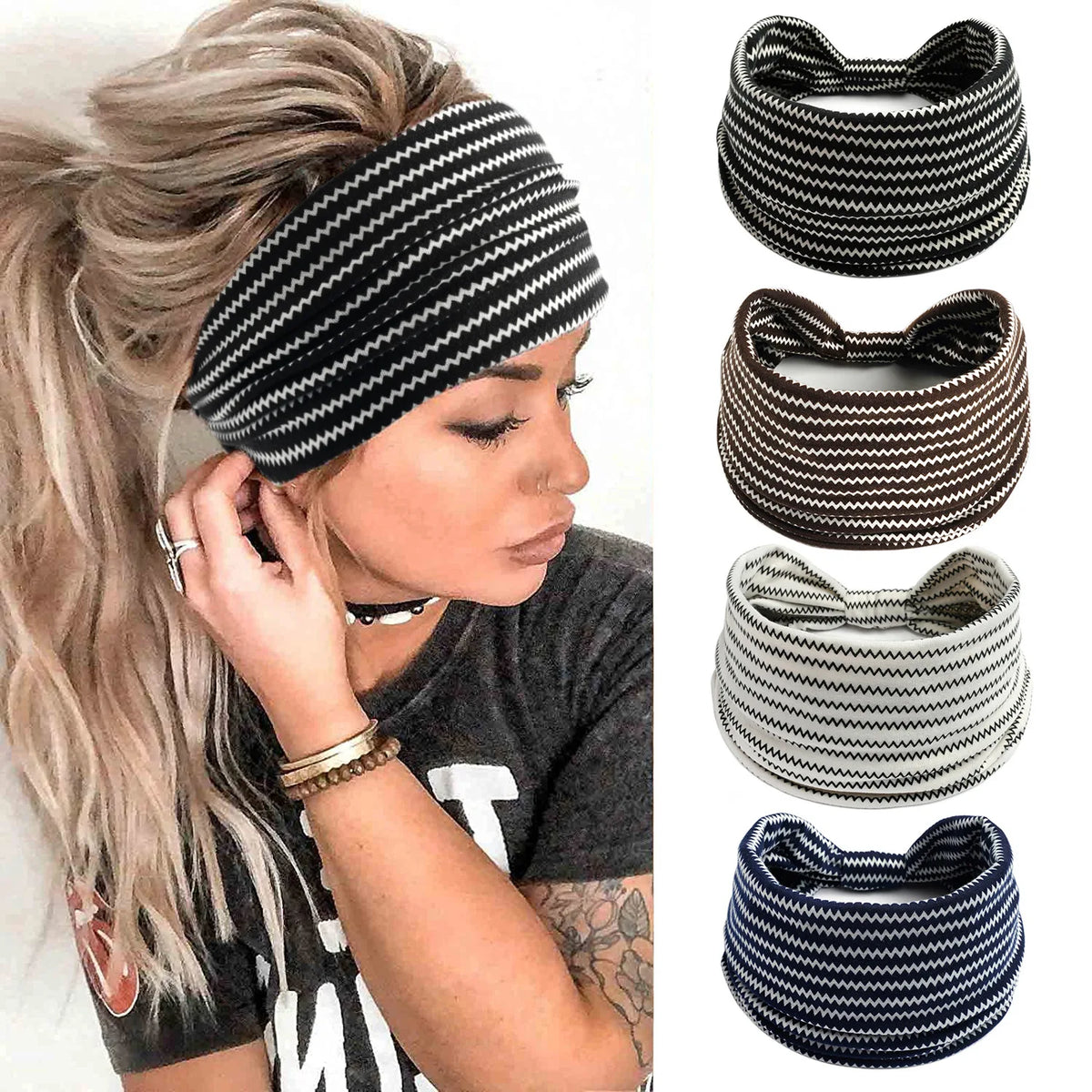 Eine Frau mit schwarz-weiß gestreiftem Yoga-Haarband und langen blonden Haaren, die posiert.