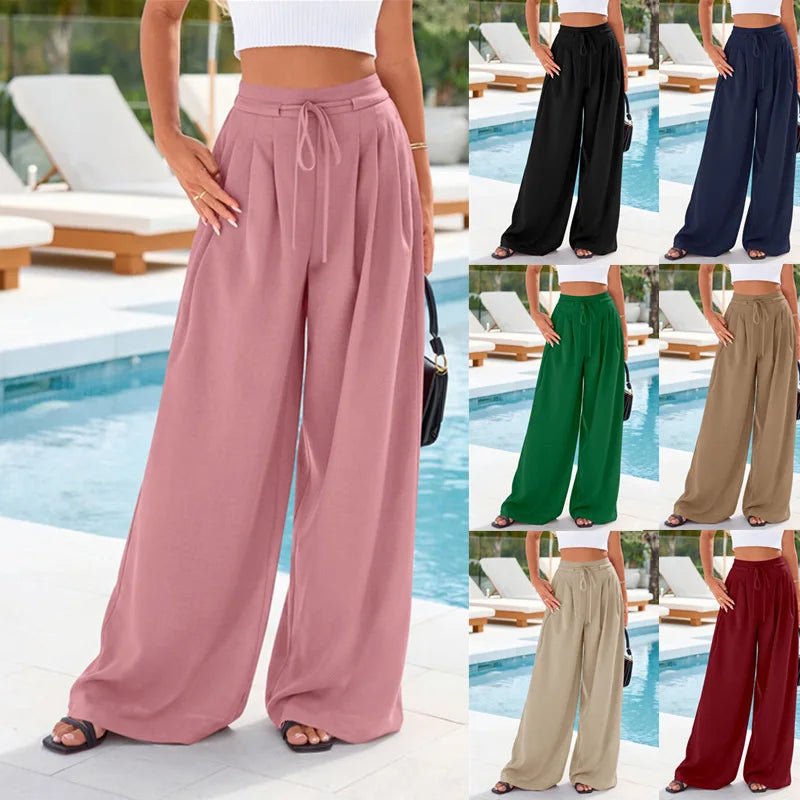 A model wears dusty rose flowy high waist drawstring wide leg pants in various colors and styles.