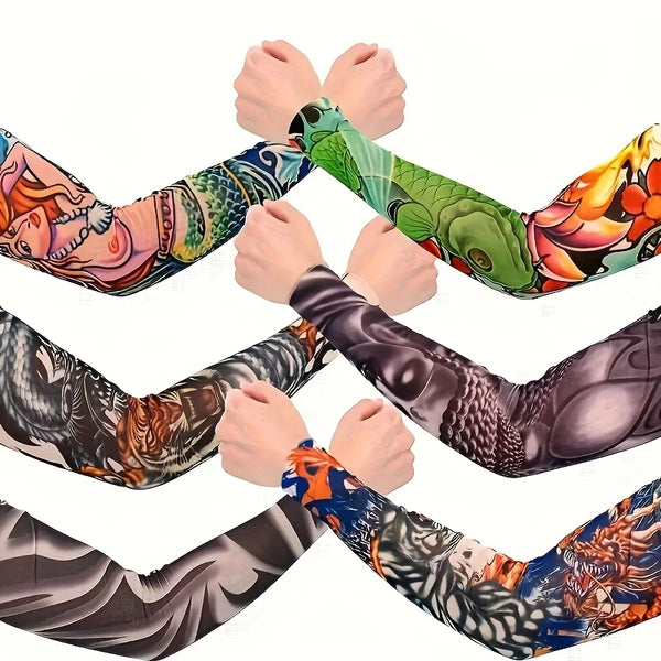 A collection of unisex sun shading tattoo arm sleeves displayed on human arms.