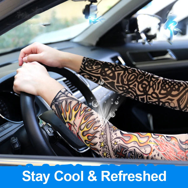 A person wearing patterned arm sleeves is driving a car, with glowing blue light effects visible on the windshield.