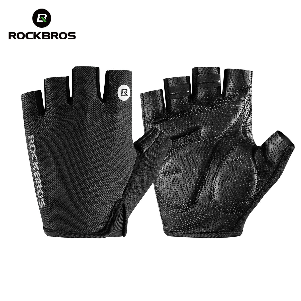 A pair of black Rockbros breathable cycling gloves for MTB riding, shown flat lay.
