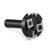 A set of precision wood milling router bits with black and silver components.