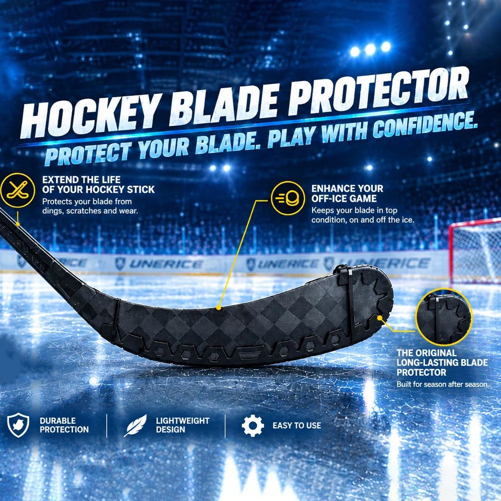 Manchon protecteur de lame de hockey noir sur glace, soulignant la protection et la confiance du joueur.