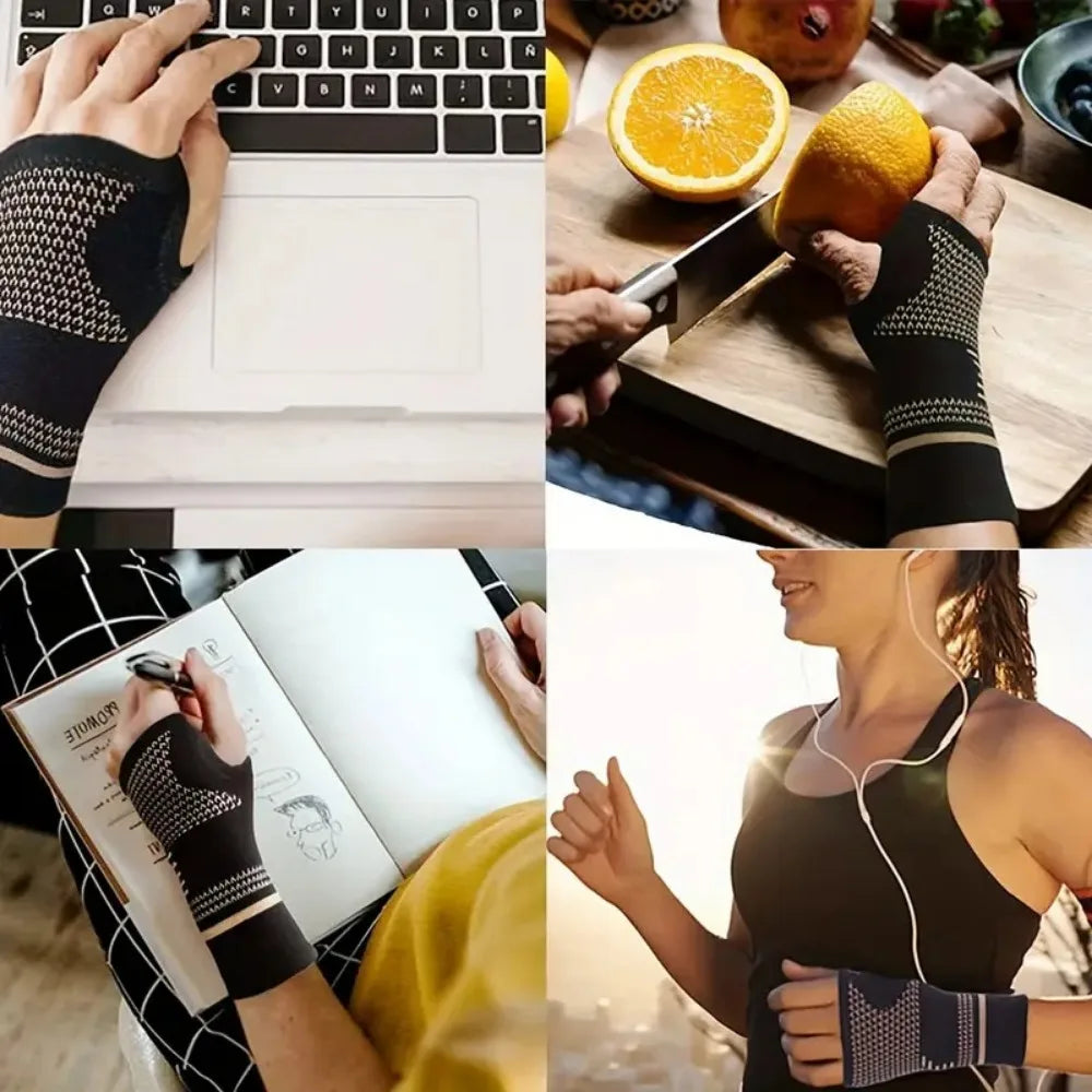 A collection of images showing a black knit wrist compression brace used for fitness and sports activities.