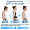 A woman demonstrates the before, improving, and after results of an ergonomic posture corrector back brace.