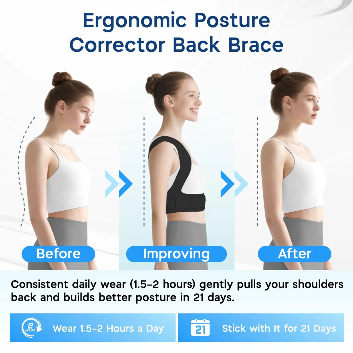 A woman demonstrates the before, improving, and after results of an ergonomic posture corrector back brace.