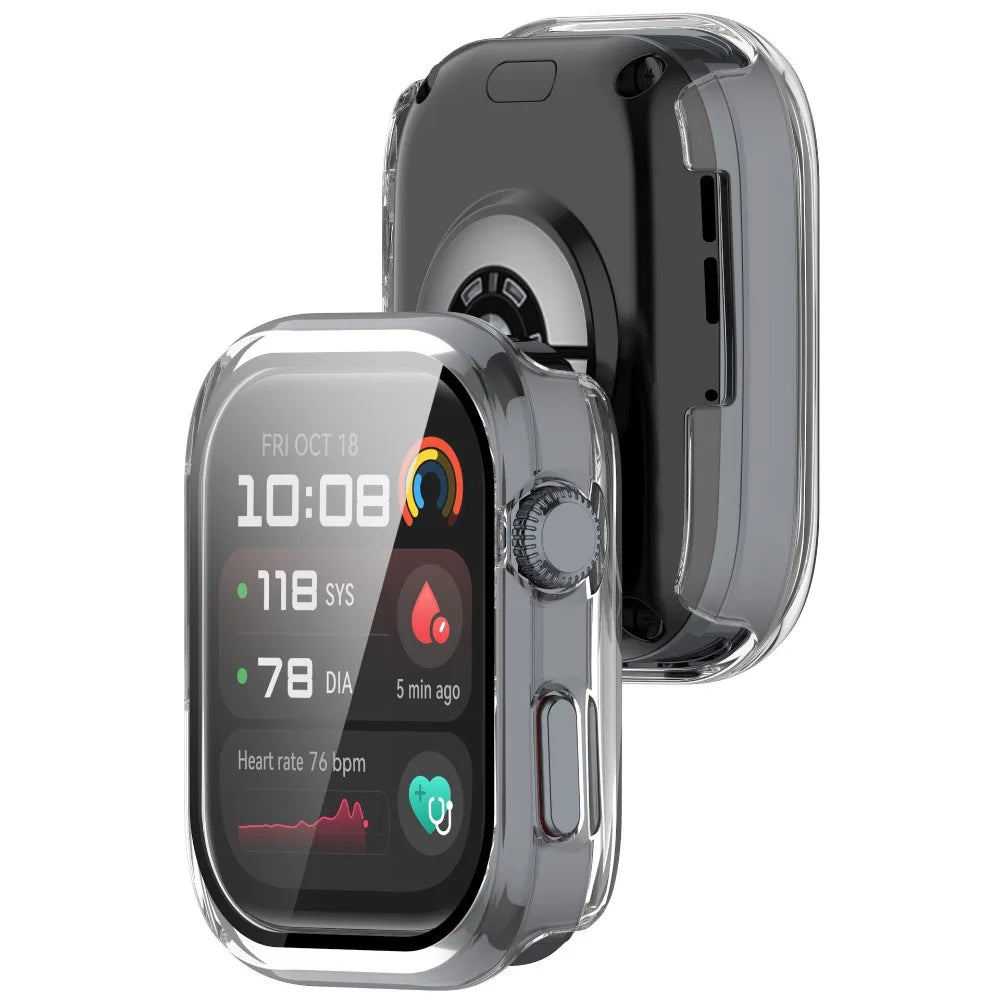A silver-cased Huawei Watch D2 with a clear tempered glass protective case and black silicone band.