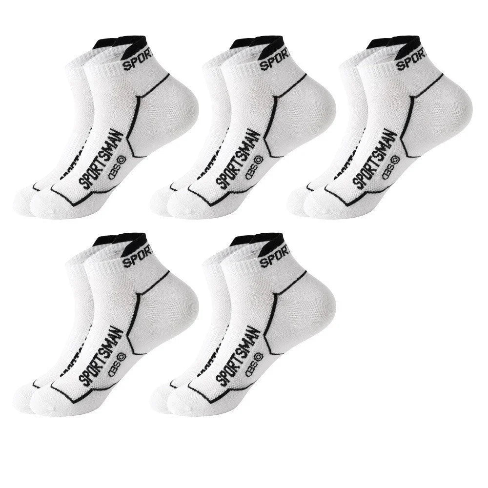 A pack of five white sports socks with black text featuring the Sportsman logo.