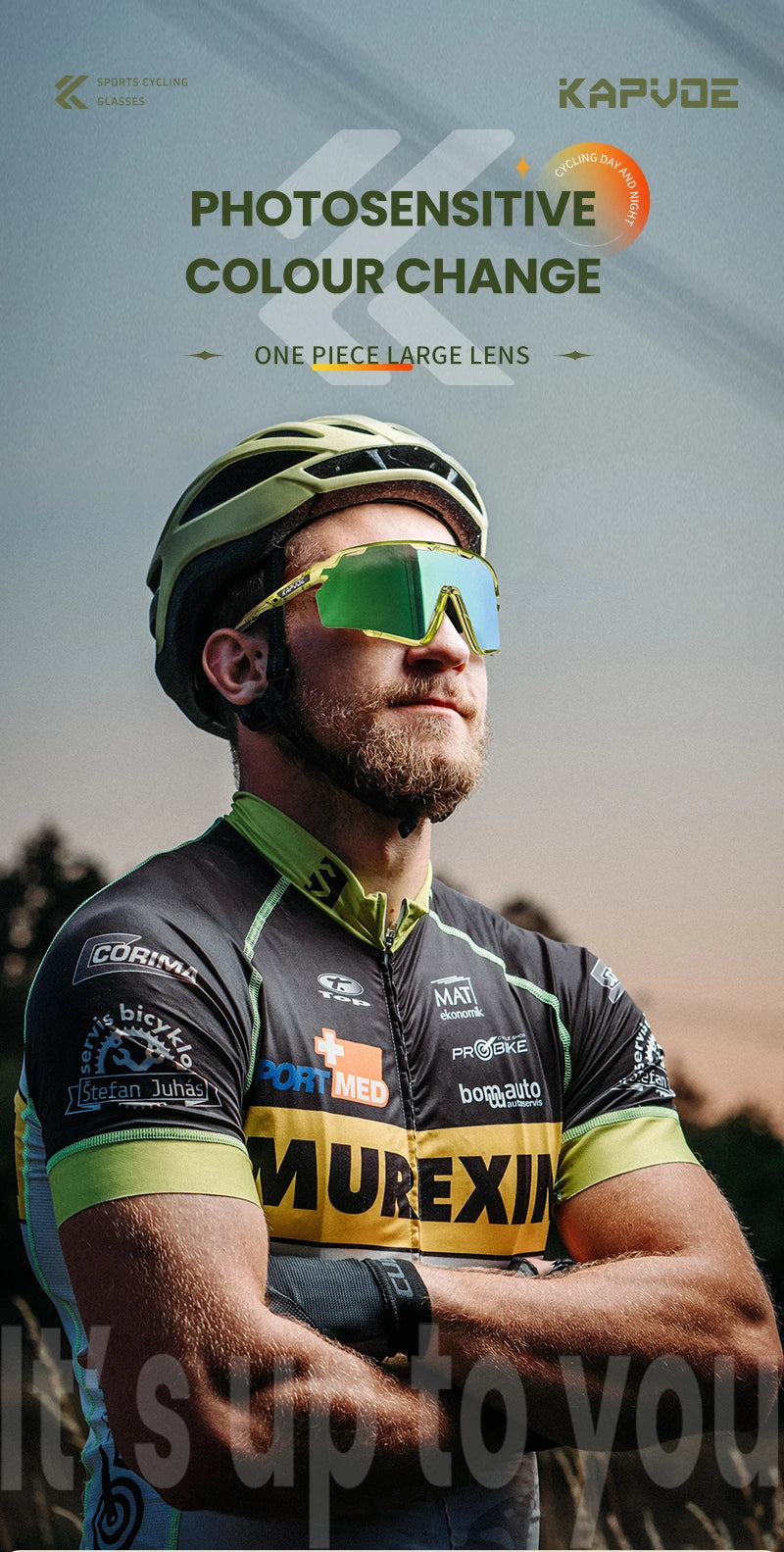 A male cyclist wearing photochromic cycling sunglasses outdoors.