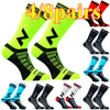 A set of eight pairs of neon yellow and black compression cycling socks displayed in various colors.