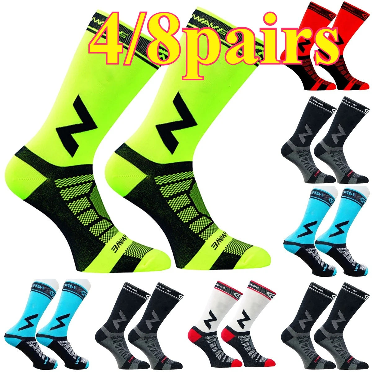 A set of eight pairs of neon yellow and black compression cycling socks displayed in various colors.
