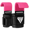 A pair of pink and black heavy duty weight lifting hooks with wrist wraps.