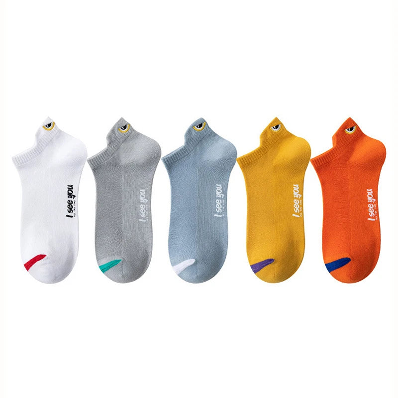A set of five men's breathable ankle boat socks in white, gray, light blue, yellow, and orange.