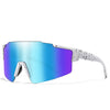 A pair of purple-blue polarized cycling sunglasses with white speckled frames.