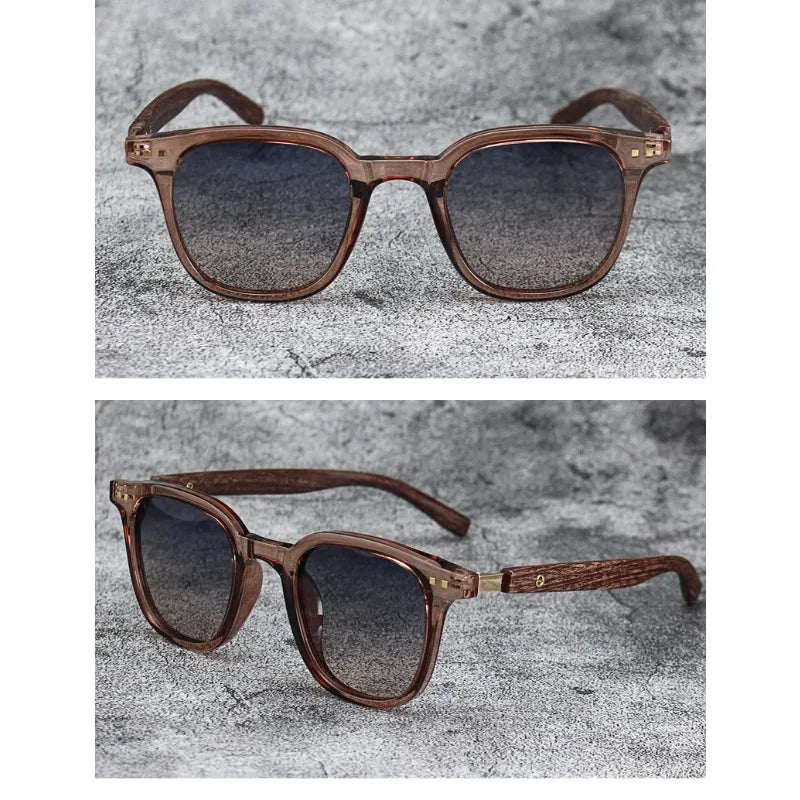Brown wood grain polarized sunglasses with tortoiseshell frames shown in two views