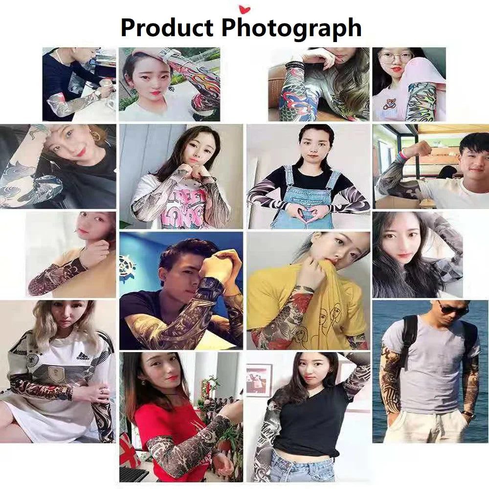 A collage of women wearing long seamless tattoo sleeves for sun protection in various styles and colors.