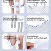 Diagrams showing features of elastic knee pads including V-cross strap, breathable mesh fabric, four-spring support, hole edg