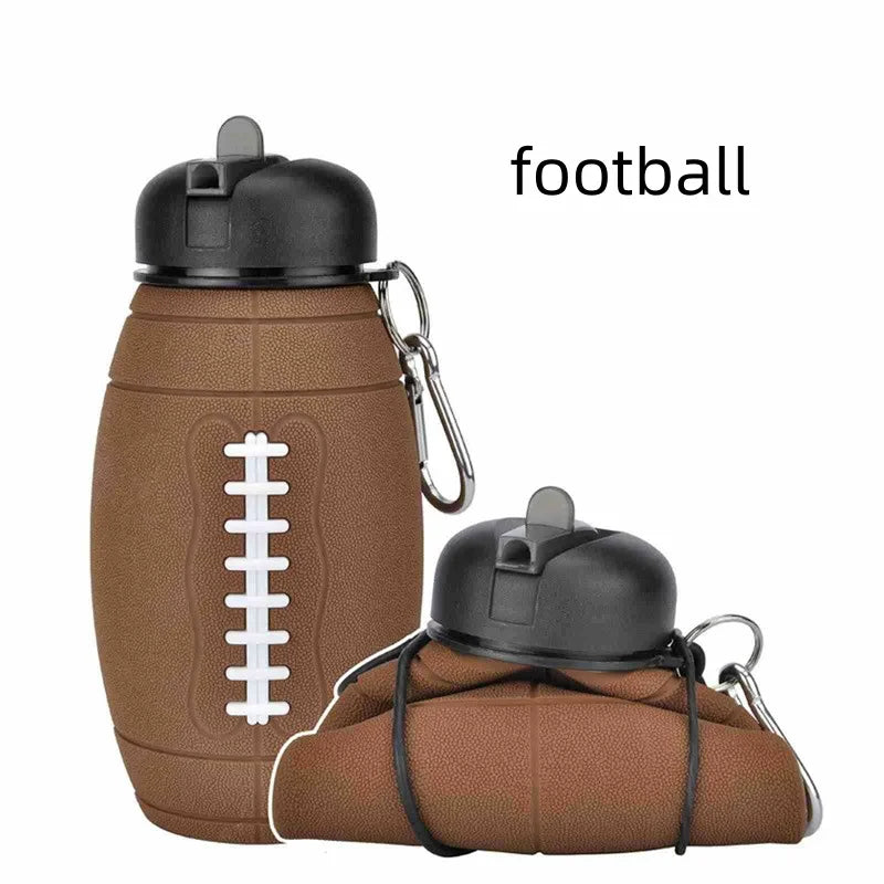 Brown silicone sports water bottle with a black lid and carrying strap.
