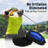 A man wearing a bright yellow shirt is using an elbow support brace while golfing, demonstrating pain relief.