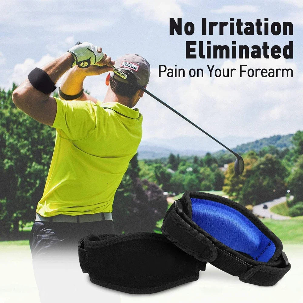A man wearing a bright yellow shirt is using an elbow support brace while golfing, demonstrating pain relief.