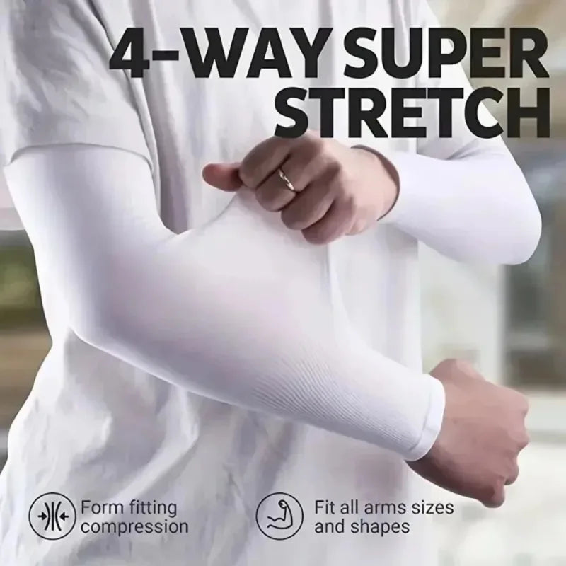 Manchettes de compression blanches étirées par une personne, démontrant un super étirement 4 voies.