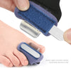 A hand holds a blue elastic strap with silver aluminum strips, demonstrating an adjustable toe splint device.