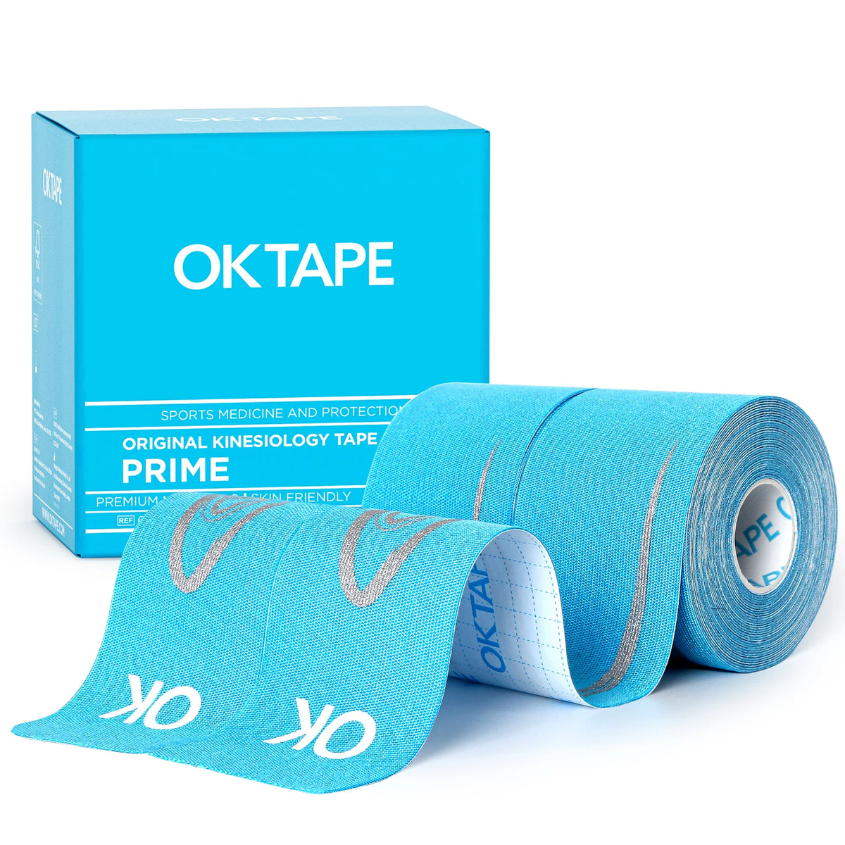 A box and roll of blue OKTAPE kinesiology tape for muscle and joint support.