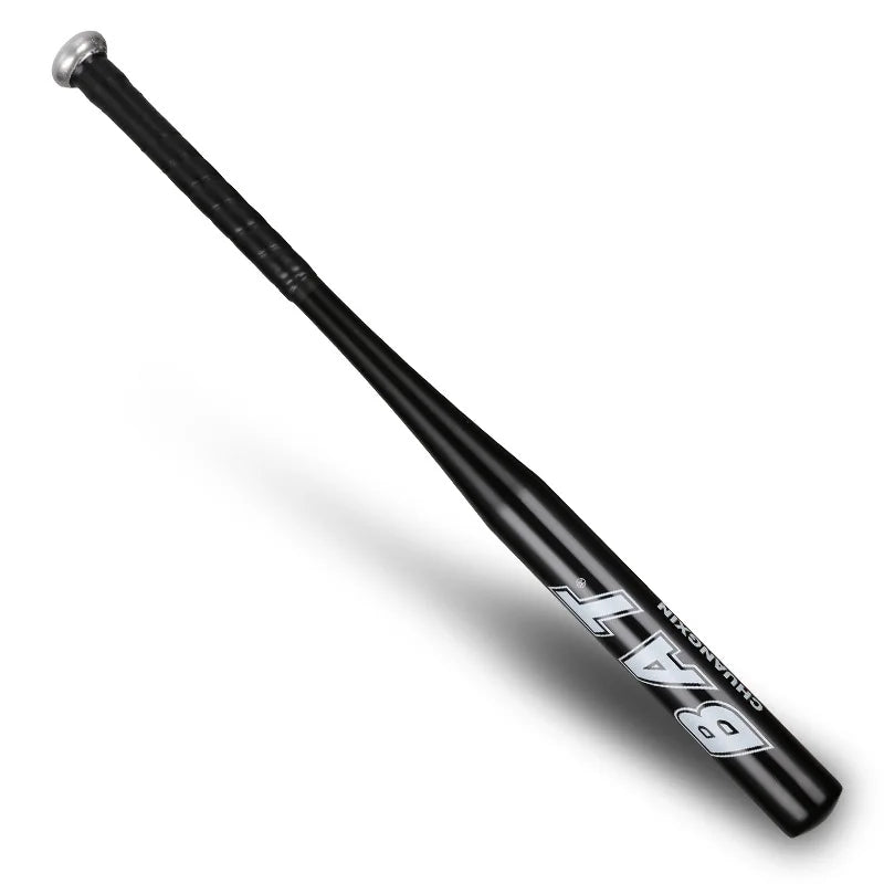 A black baseball bat with a silver ferrule shown diagonally against a white background.