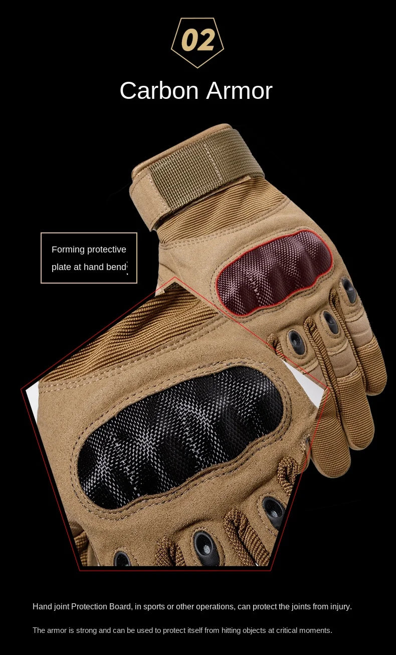 Close-up view of a tan tactical glove showing a forming protective plate at the hand bend.