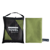 A black microfiber towel bag with a lime green accent is shown next to a folded olive green microfiber towel.