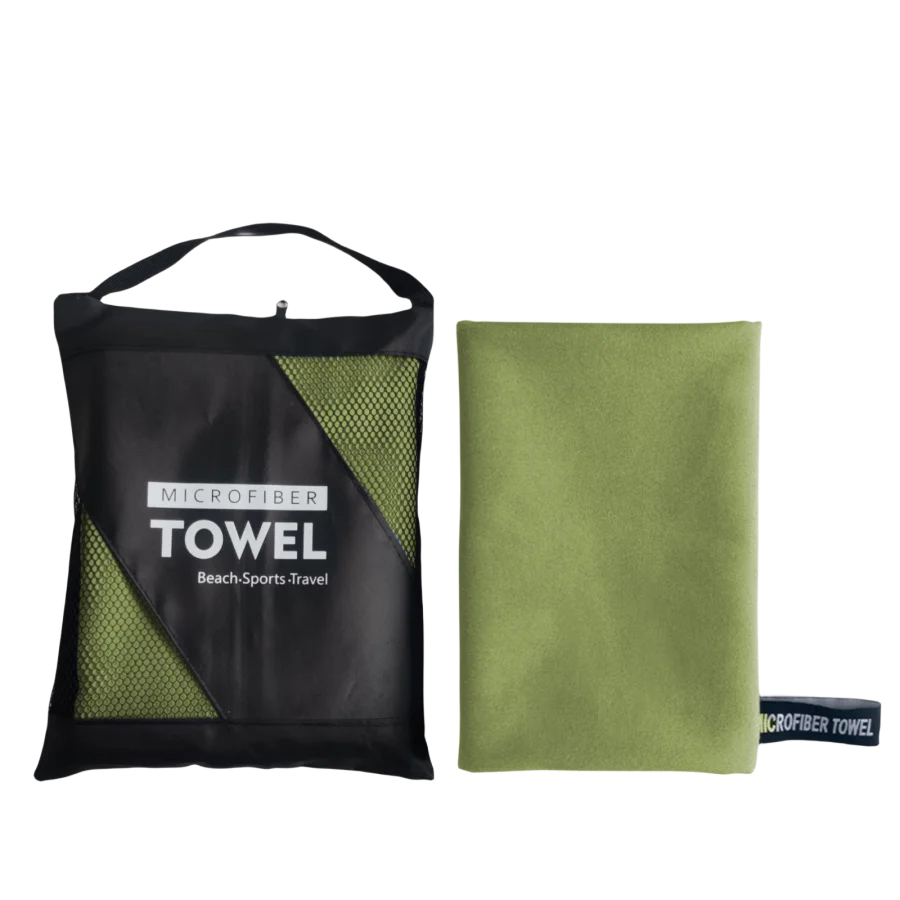 A black microfiber towel bag with a lime green accent is shown next to a folded olive green microfiber towel.