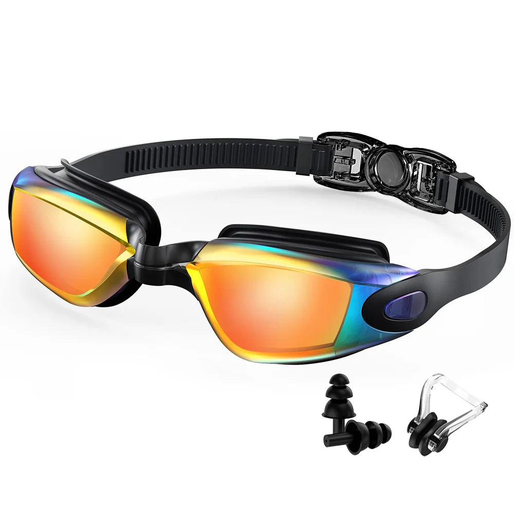 Professional anti-fog swimming goggles with orange lenses and a black adjustable strap and silicone nose clip
