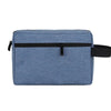 A light blue waterproof cosmetic and travel pouch with a black zipper and strap.